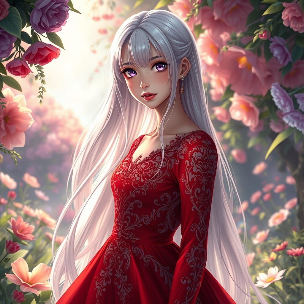Anime-Inspired Woman in Red Gown in Fantasy Garden