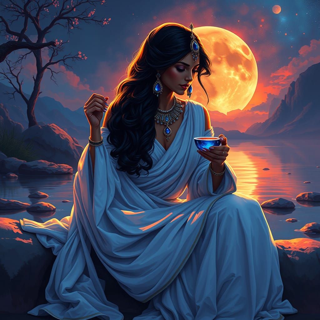 Ishtar, Celestial Queen in White Linens and Lapis Lazuli Jew...