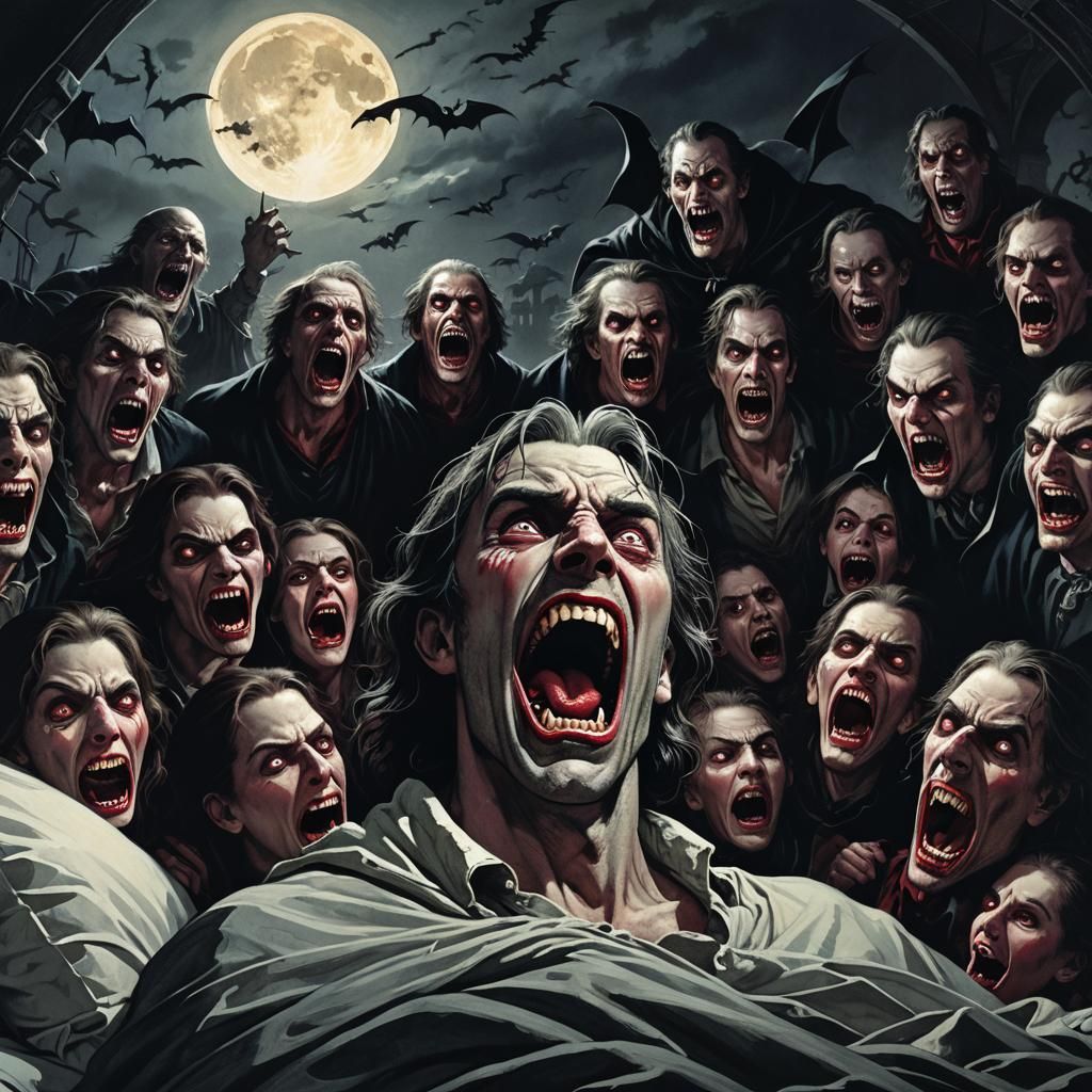 Vampire Horror: Man Screams in Dark Fantasy Illustration