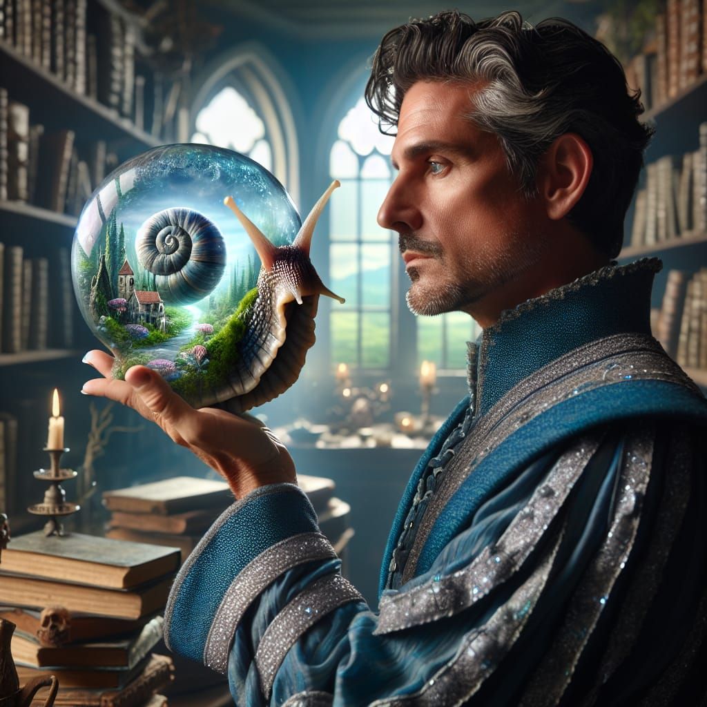 Wizard and Magical Snail with Crystal Shell
