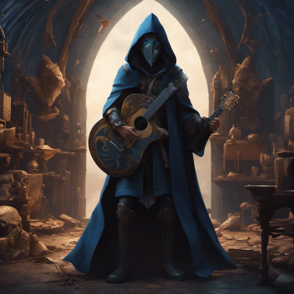 Sad Faced Bard with Futuristic Guitar, Detailed Matte Painti...