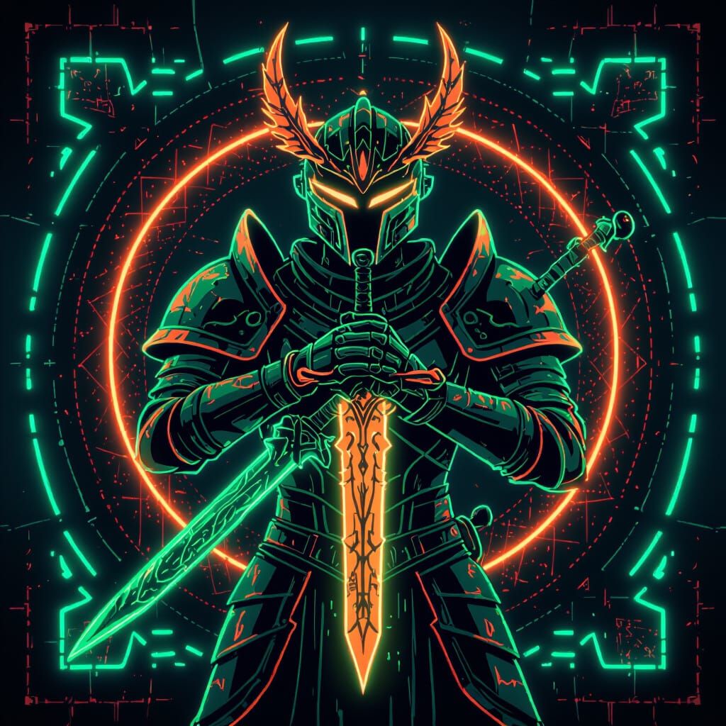 Neon Knight in Orange and Green Armor