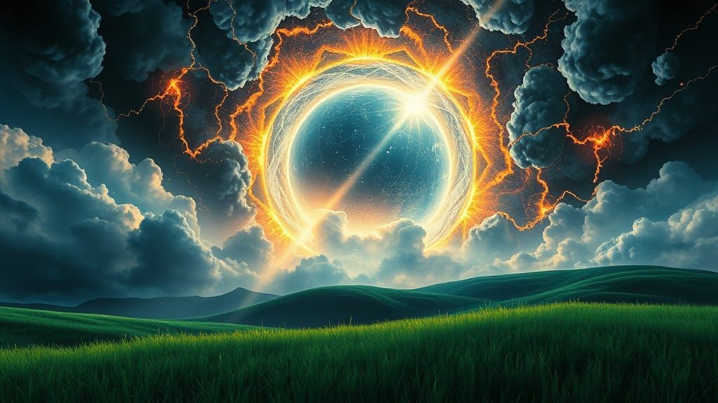 Ominous Celestial Expanse Above Emerald Grass Fields