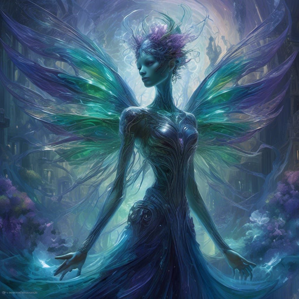 Iridescent Alien in a Blue Art Nouveau World