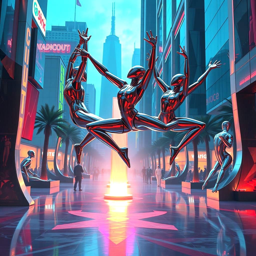 Robotic Acrobats in Cubist City Park