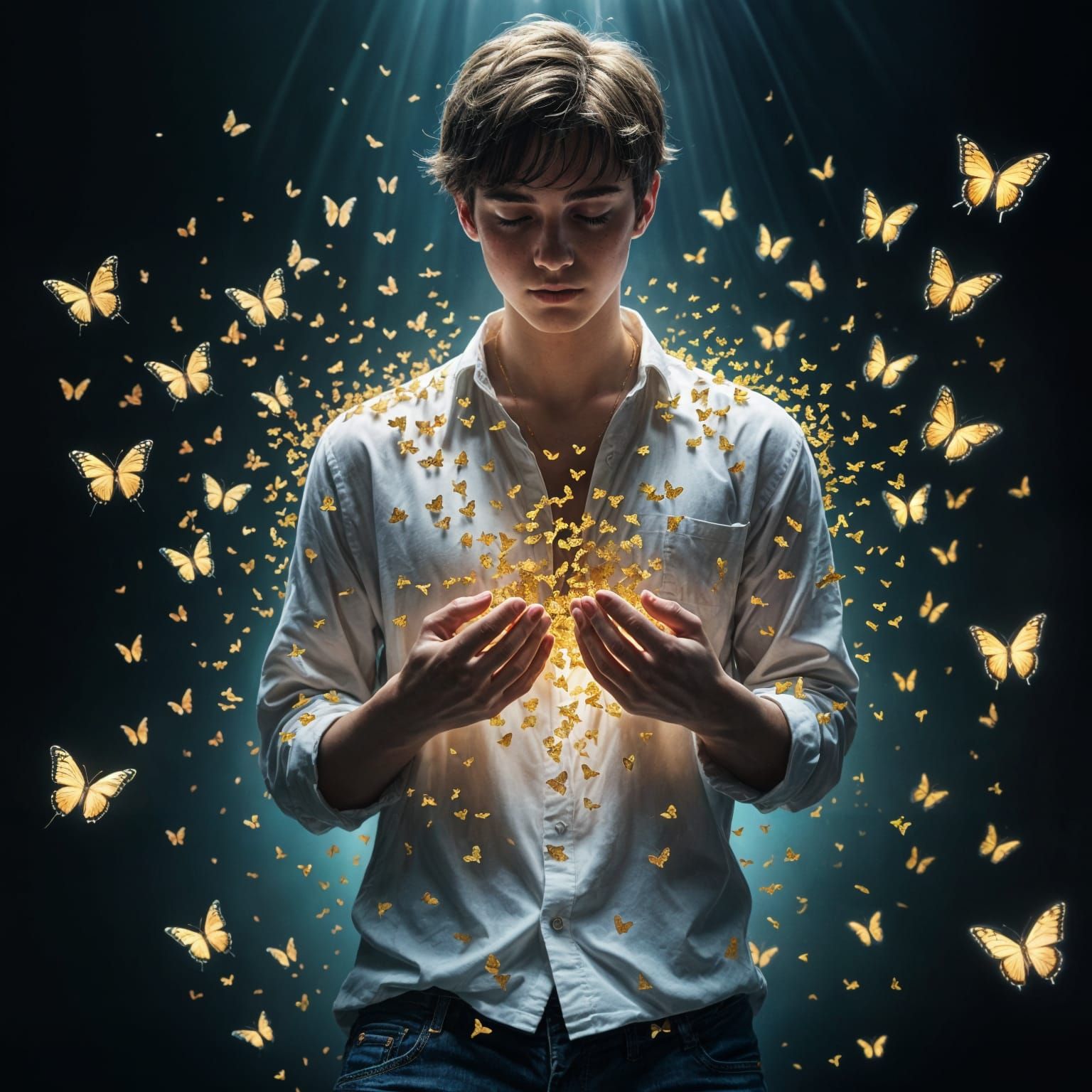 Teen Boy Surrounded by Soft Glowing Golden Butterflies