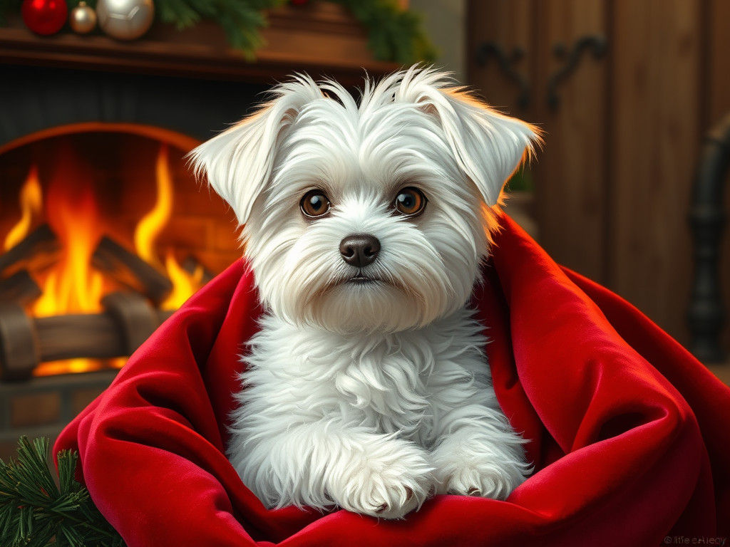 Maltese Puppy Portrait in Art Nouveau Style