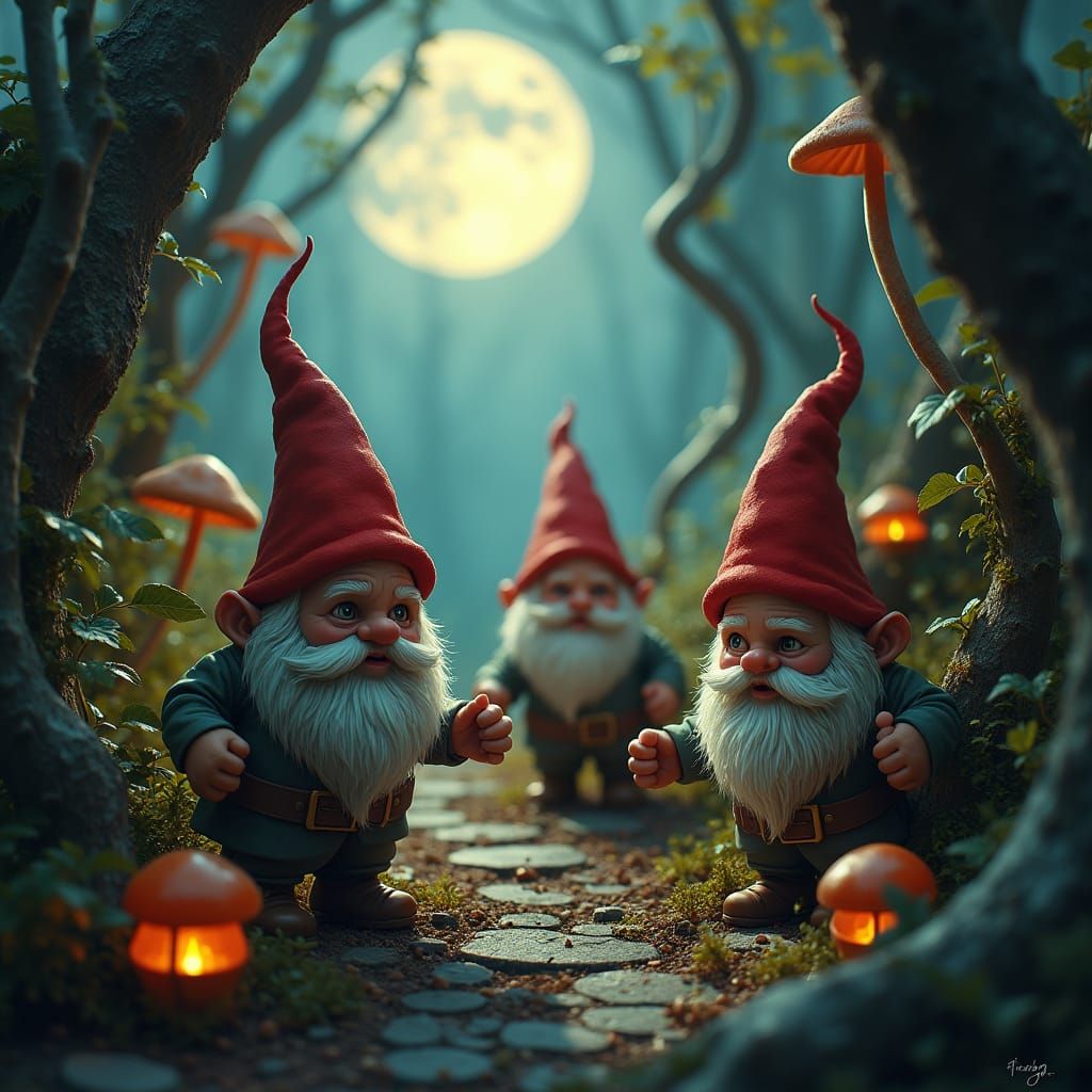 Gnomes in Mystical Garden, Dark Fantasy Art