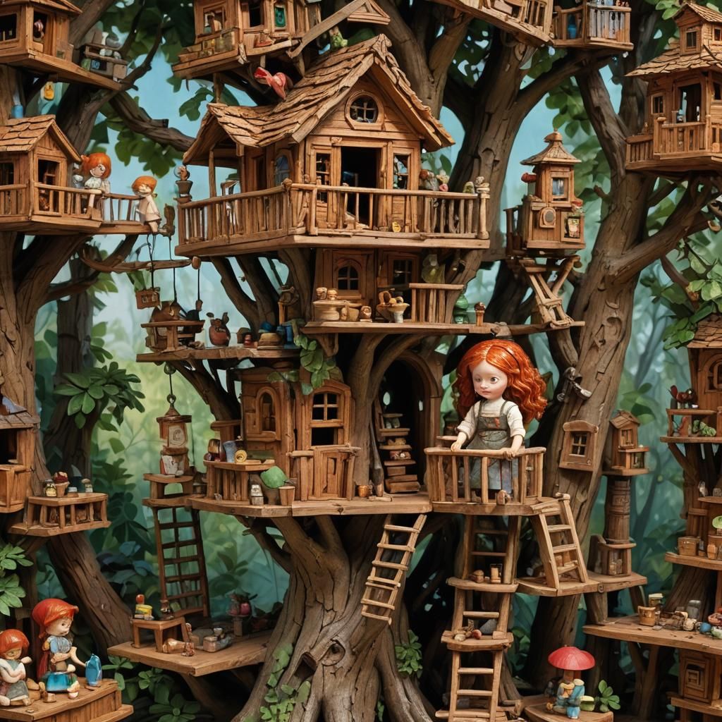 Redhead Girl's Impasto Toy Treehouse Adventure