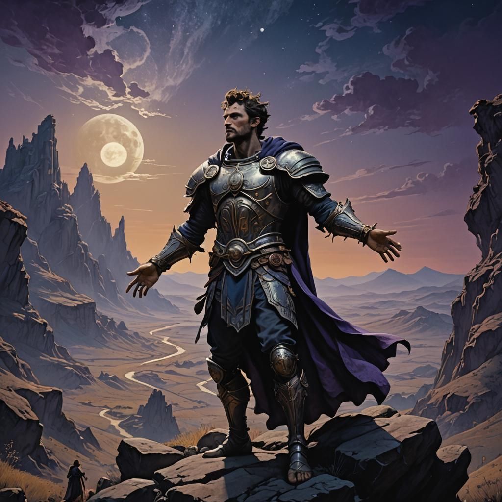 Victorious Hero in Ancient Landscape: Cinematic Masterpiece