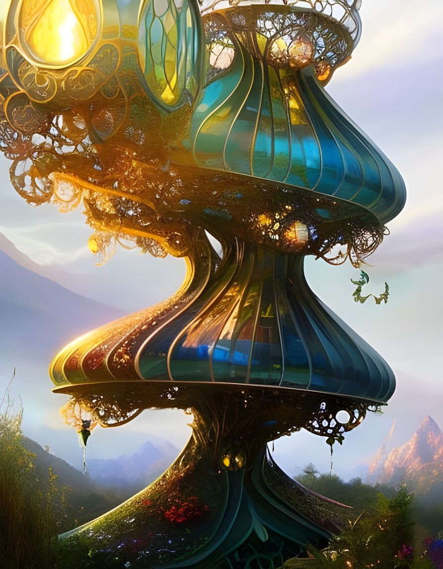 Glowing Fairy House with Art Nouveau Glass Architecture