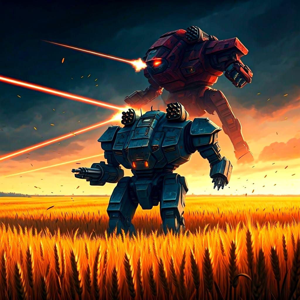 Battletech Mechs Duel in Wheat Field