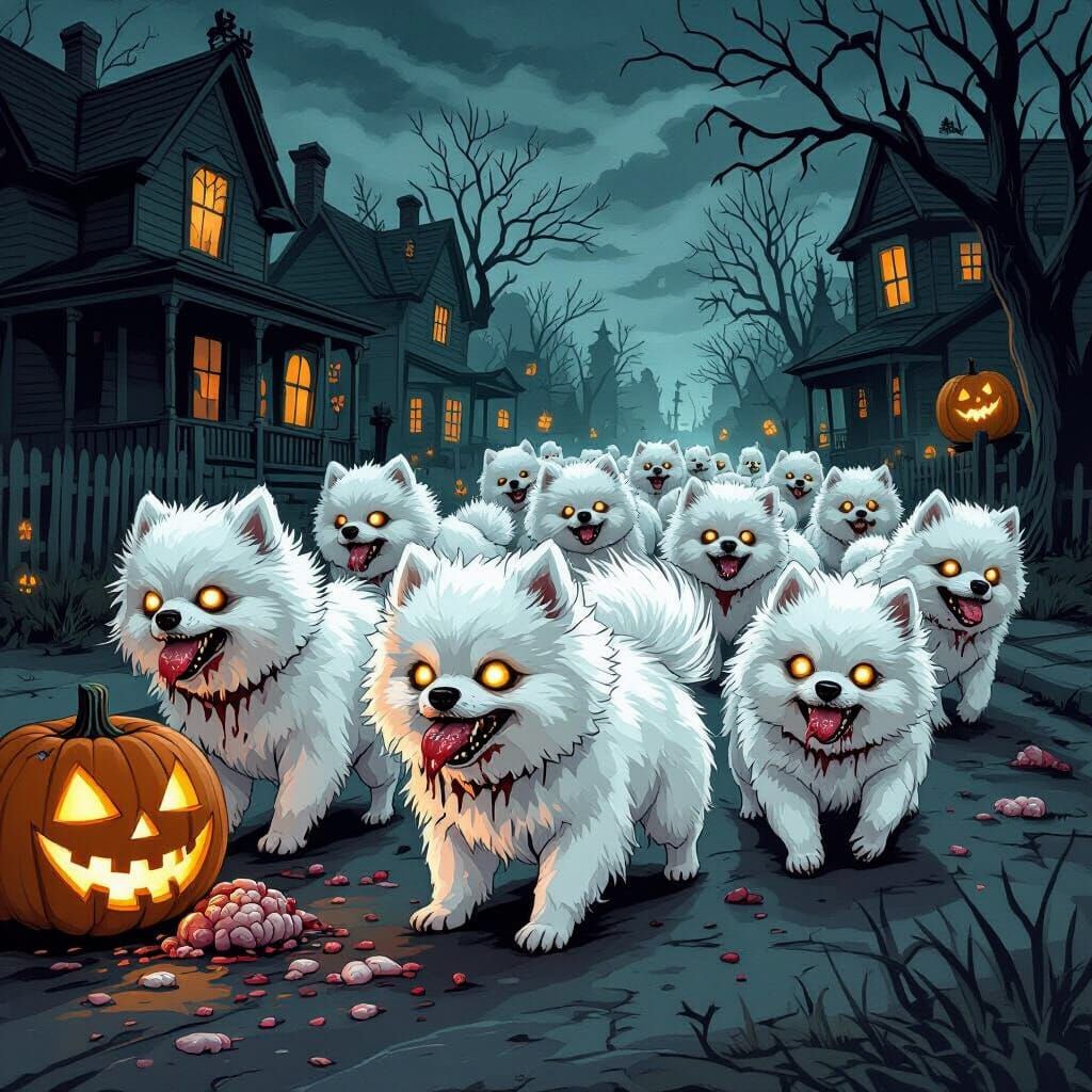 Zombie Pomeranians Trick-or-Treating on Halloween Night