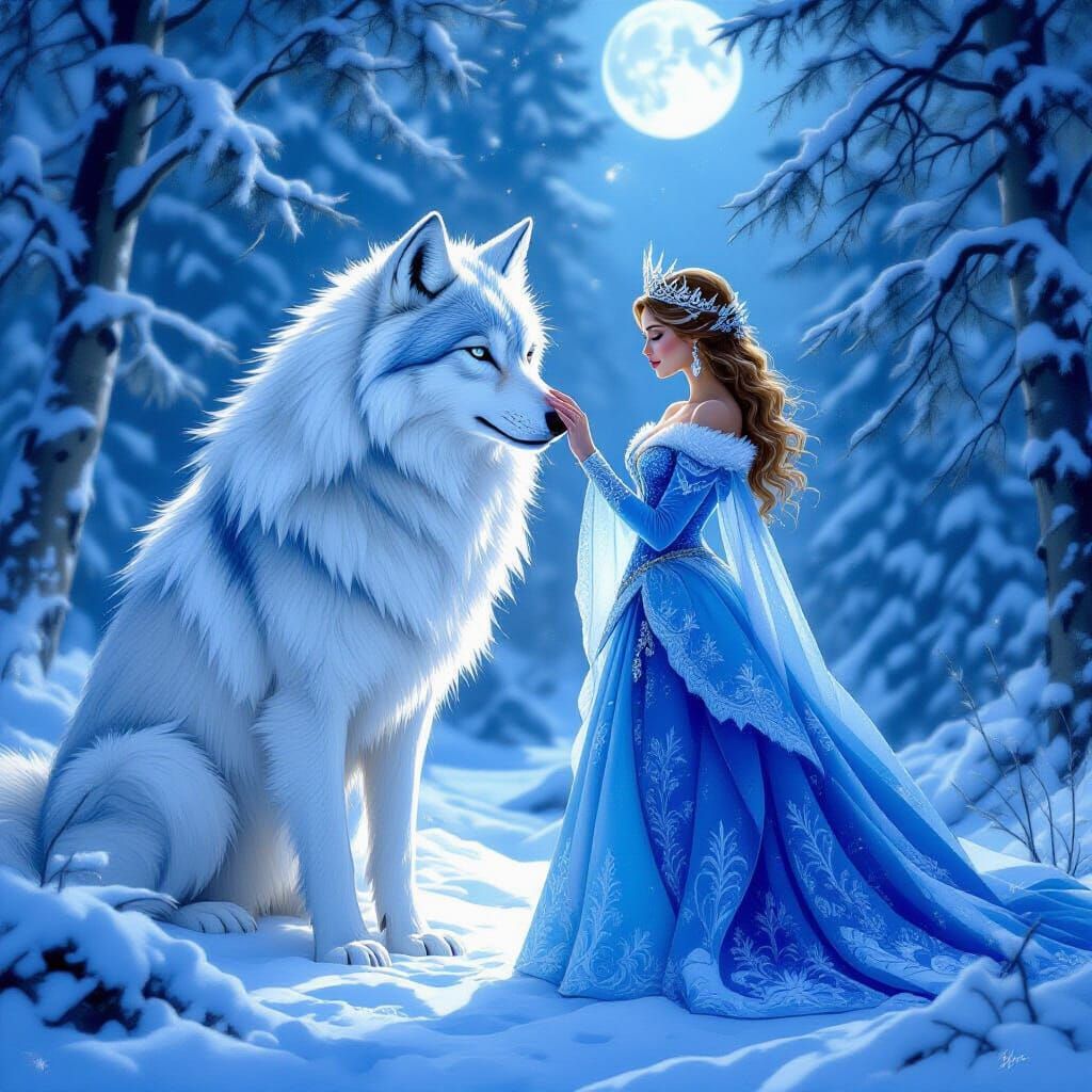 Princess and Ethereal Snow Wolf in Moonlit Forest