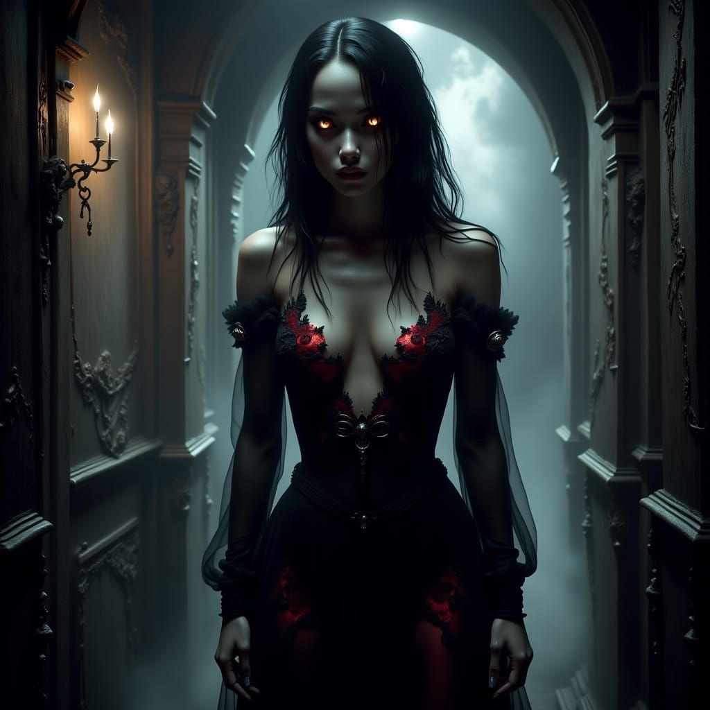 Gothic Vampire in Castle Corridor
