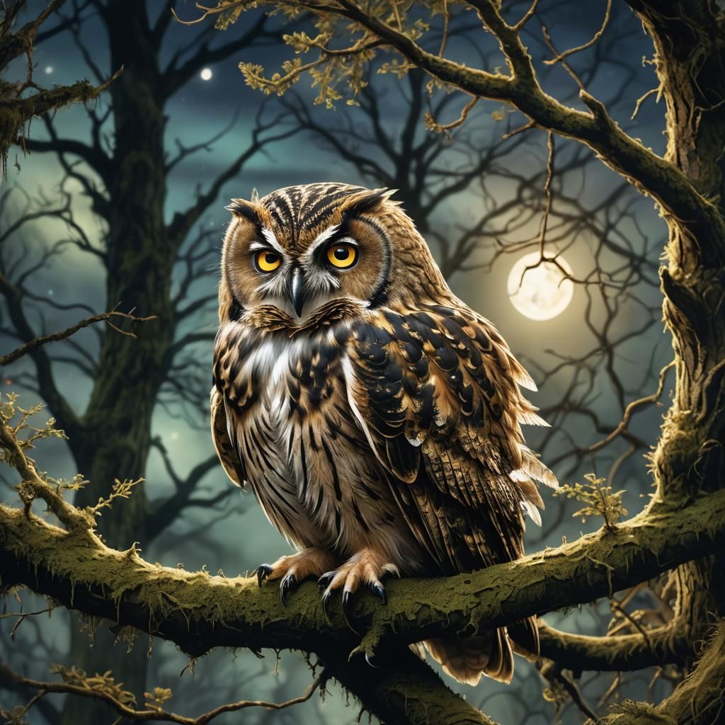 Fantasy Owl Illustration in Moonlight