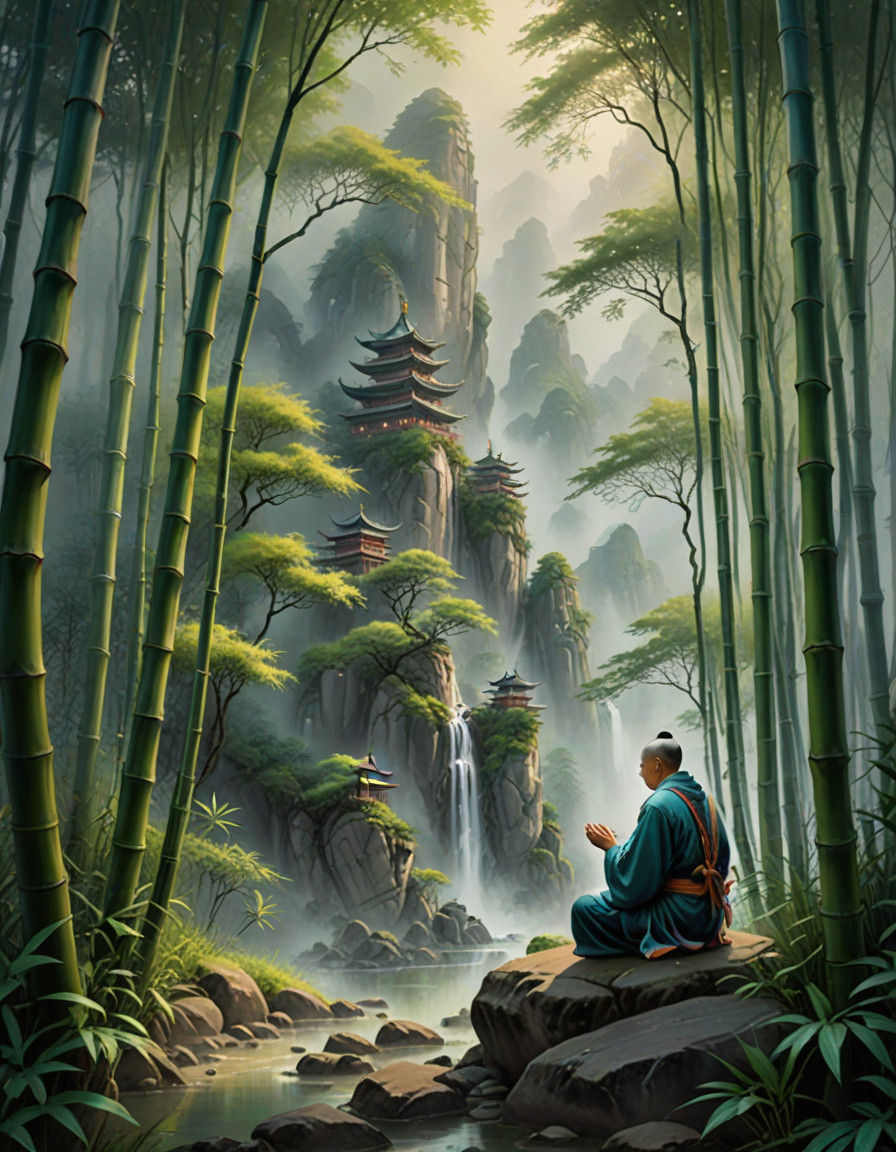 Bamboo Mountain Monk in Foggy Wonderland