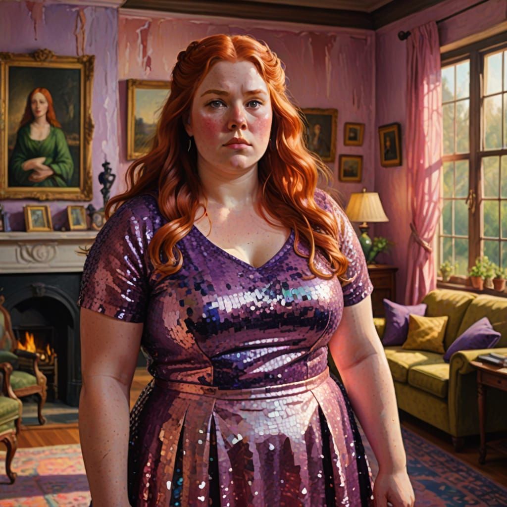 Gouache Painting of Red-Haired Woman in Living Room