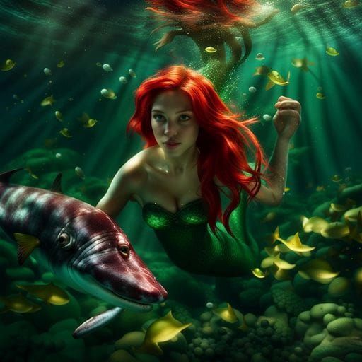 Hyperrealistic Mermaid and Shark Underwater Photograph