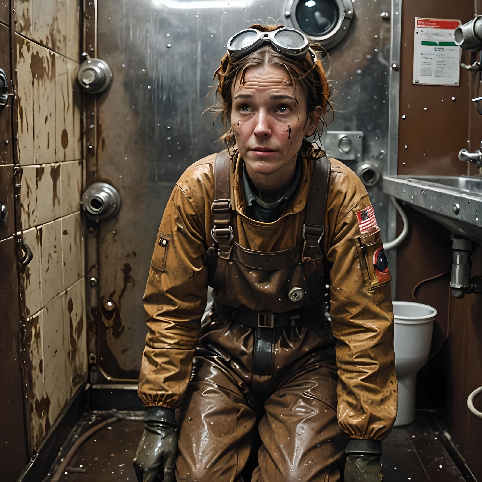 Exhausted Worker on Spaceship in Gritty Portrait