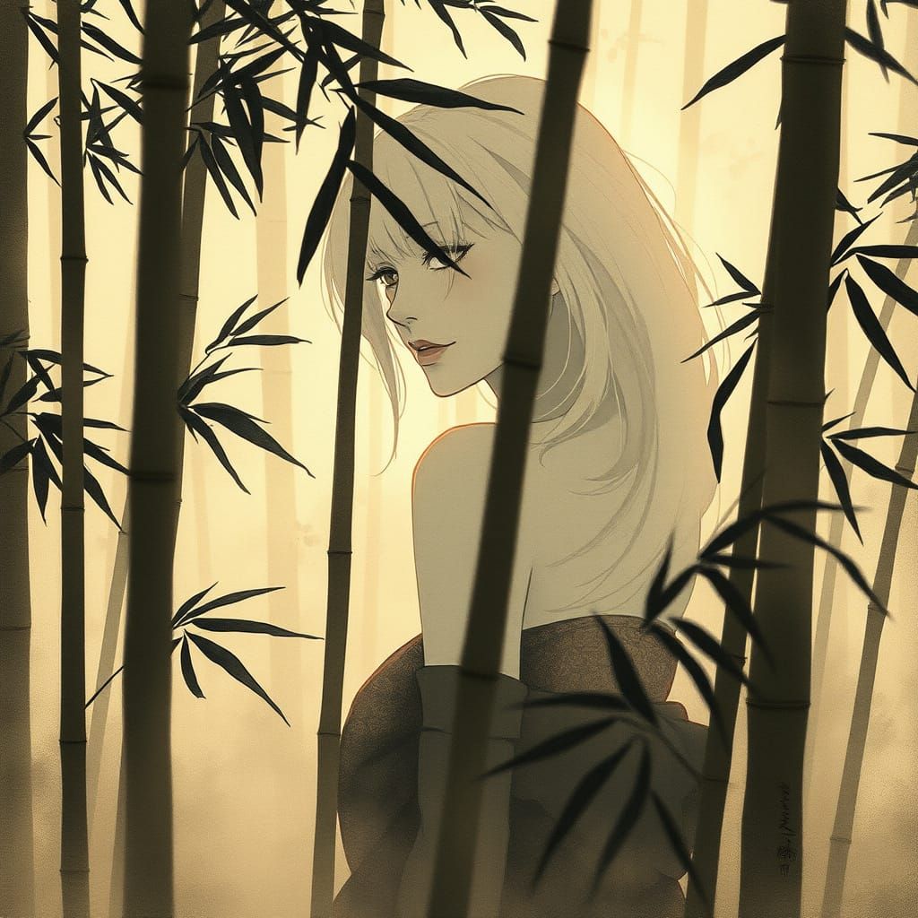 Ethereal Blonde Emerges from Misty Bamboo Forest in Zen-Insp...