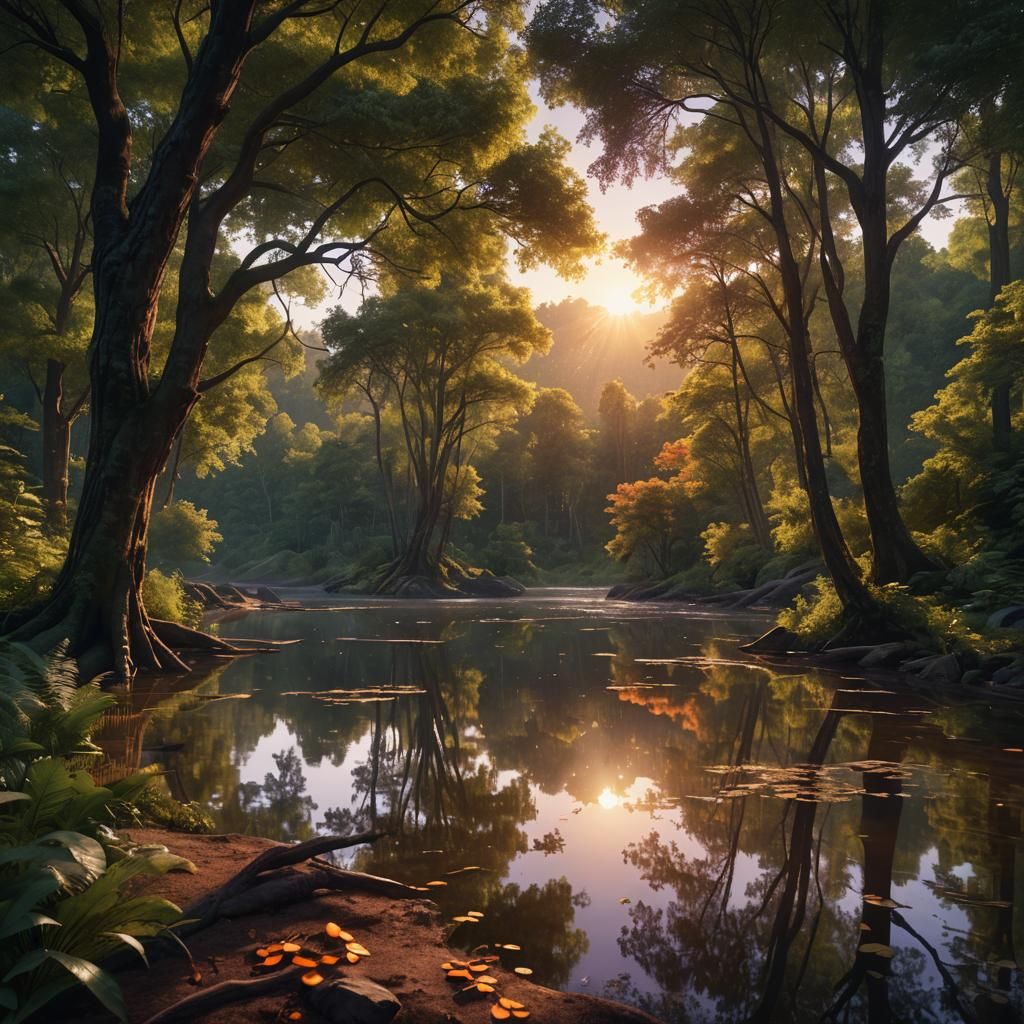 Tranquil Lakeside Sunset in Hyper-Realistic Digital Painting