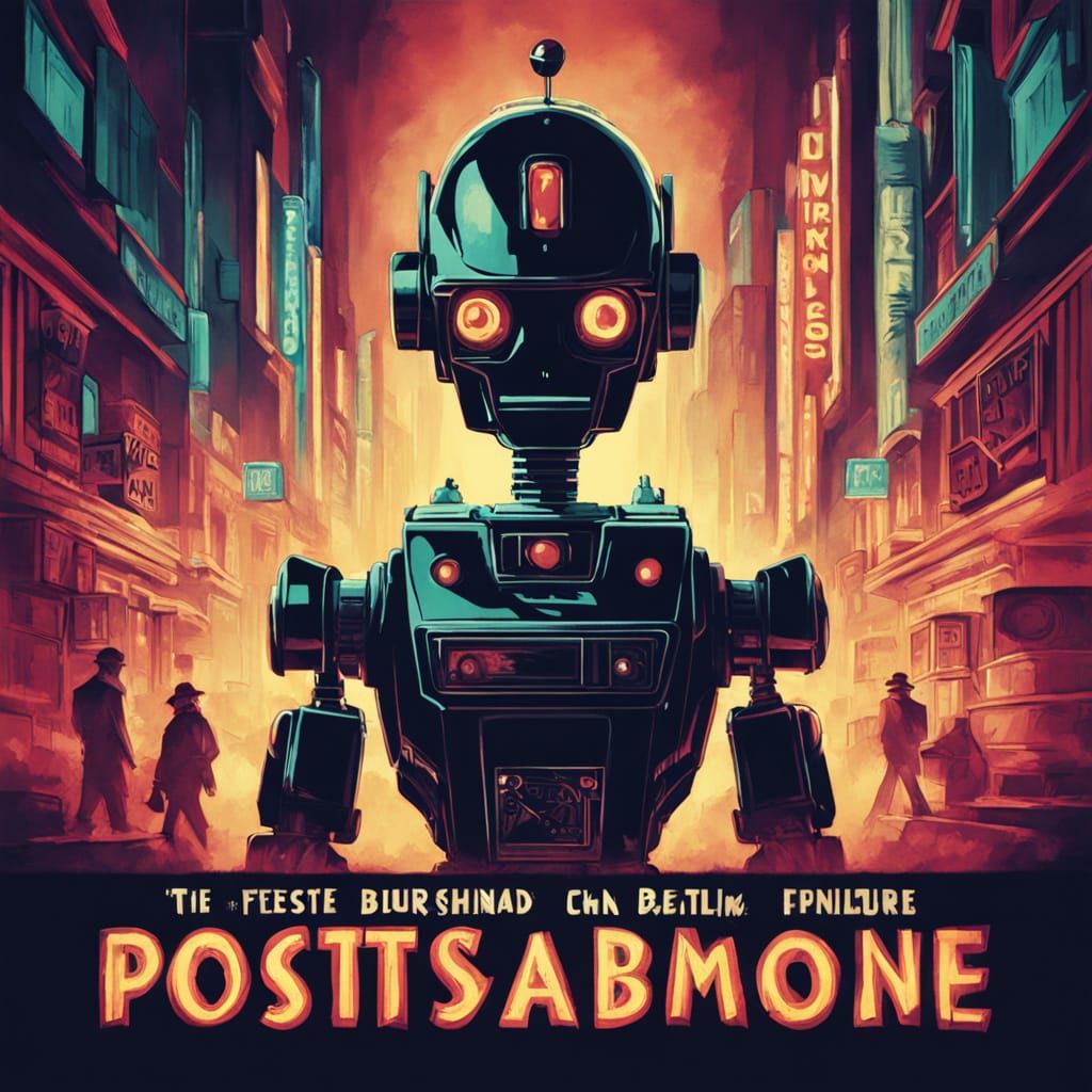 Robot in Film Noir Style with Art Deco Typography