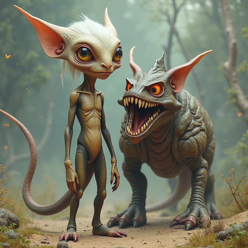 Alien and Dinosaur Creature in Science Fiction Style