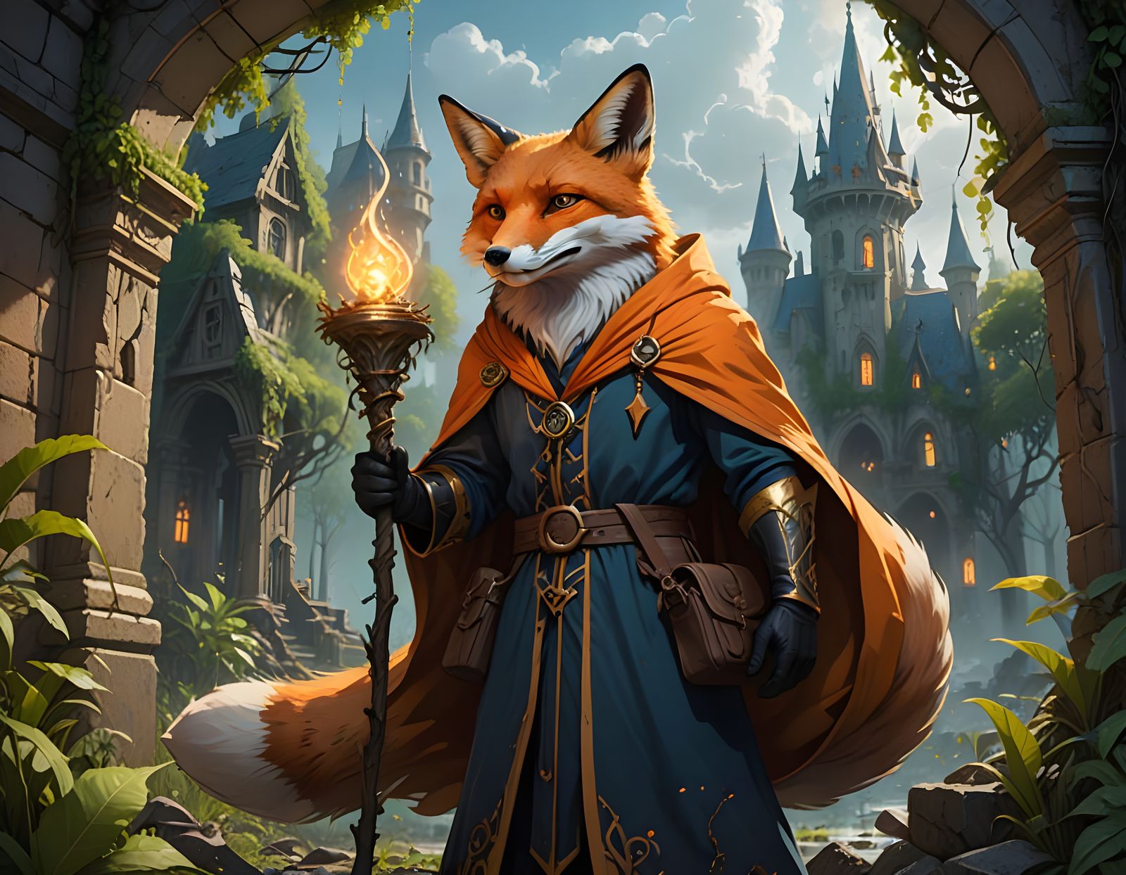 Fox Wizard Casts Protection Spell in Ruined Cityscape