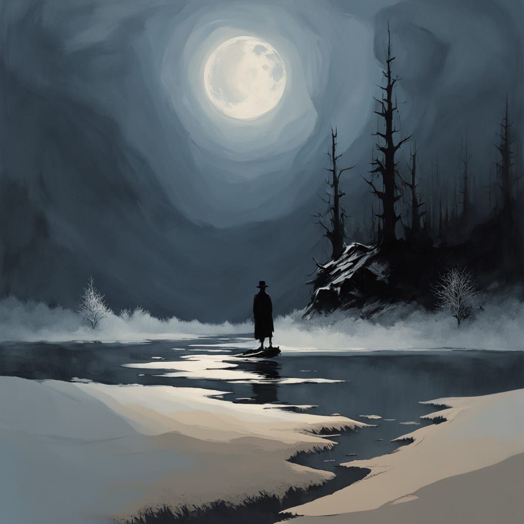 Lone Figure in Snowy Landscape Under Mystical Moonlight