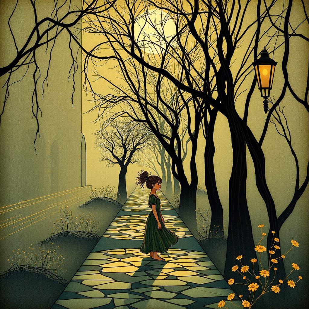 Ethereal Art Nouveau Scene with Flowing Lines