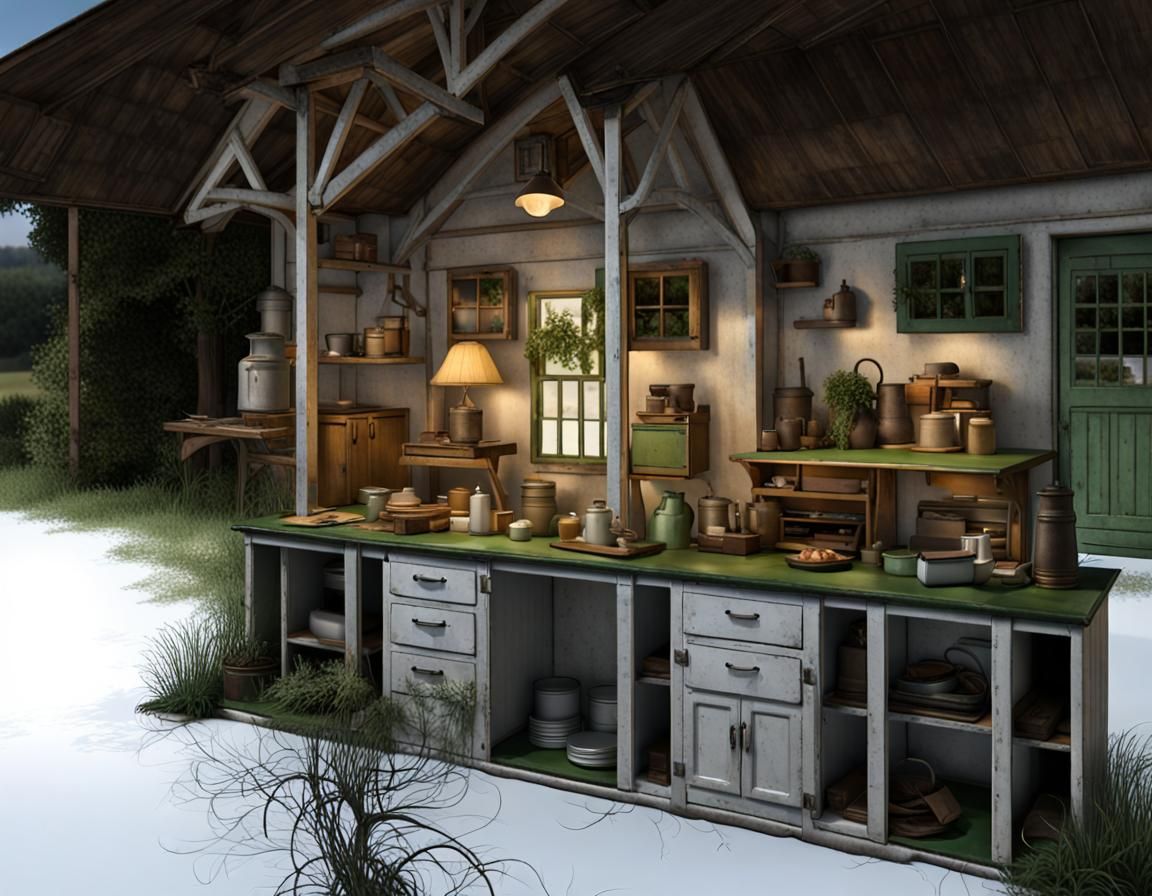 1920s Farmhouse with Green Roof, CGI Style