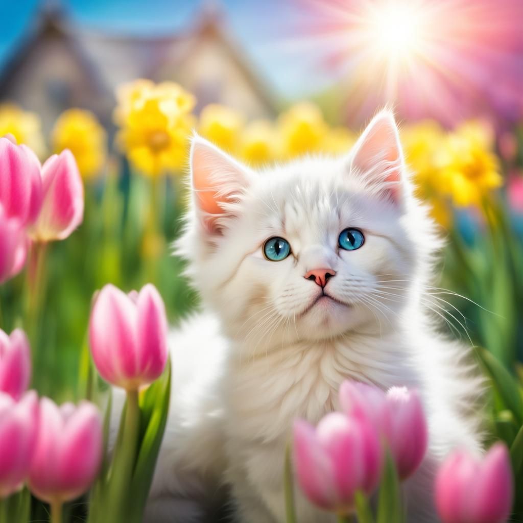 Kitten with Pink Bow in Spring Meadow