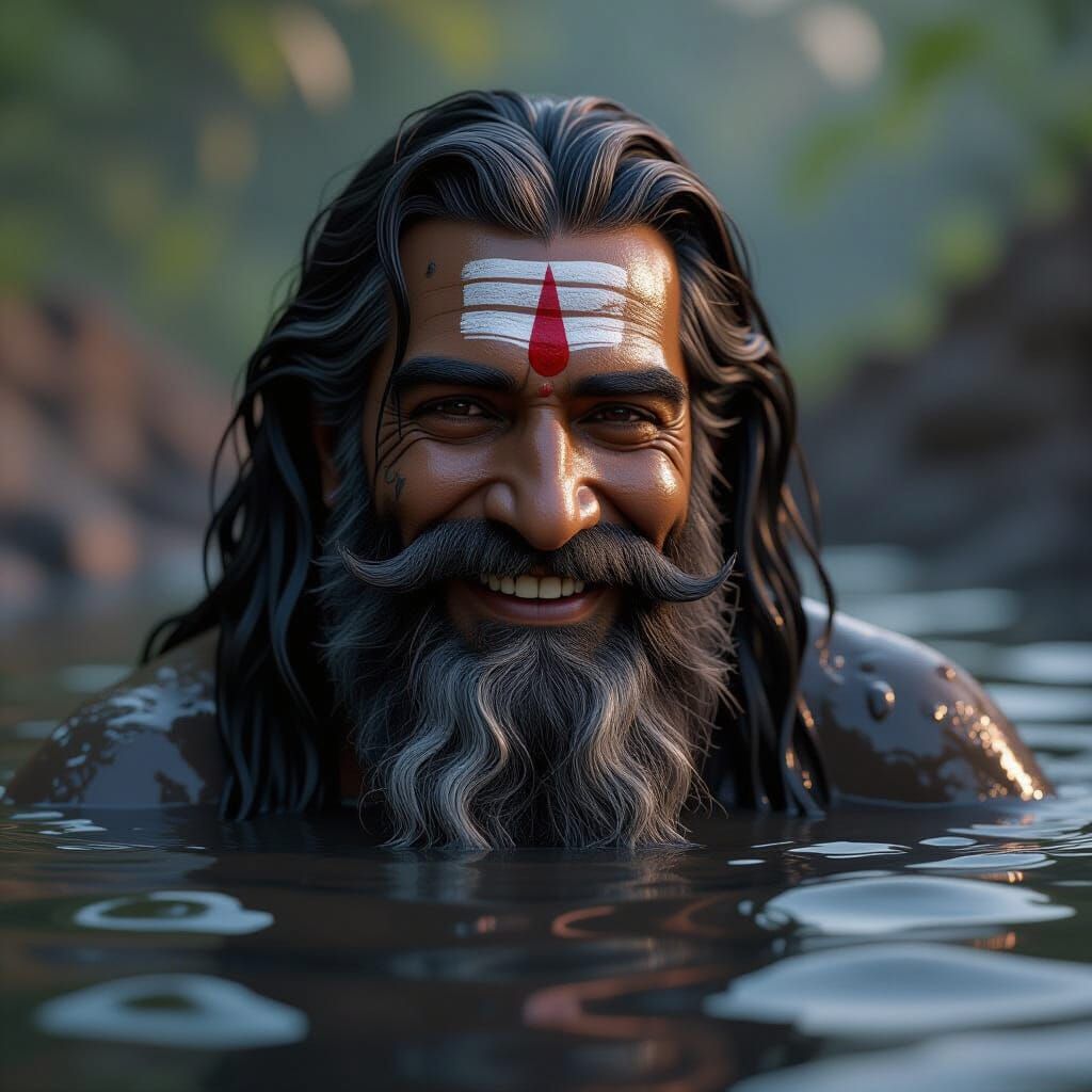 Elderly Man Bathes in Black Mud, 3D Game Cinematic Style