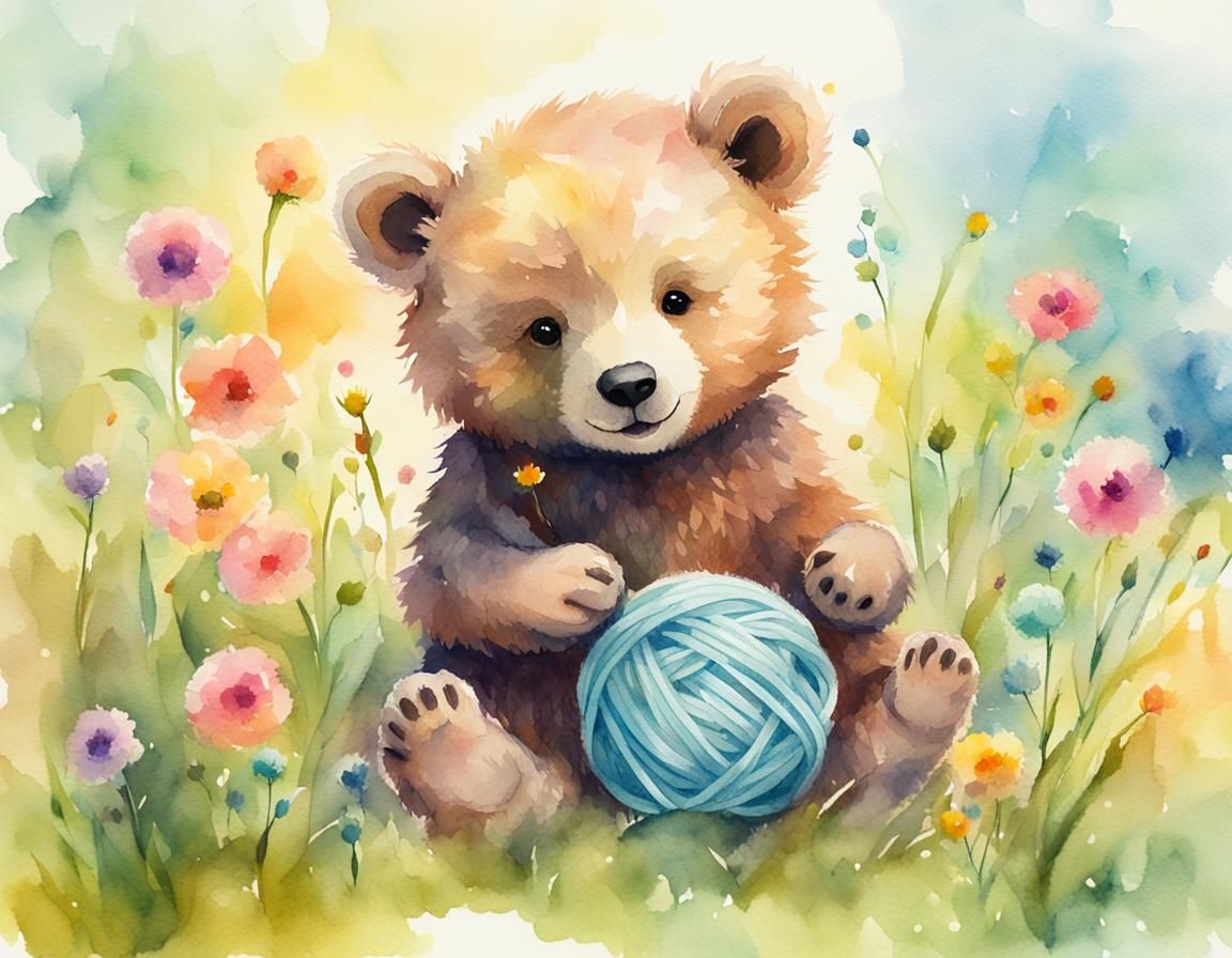 Watercolor Bear Cub Plays in Sunny Meadow
