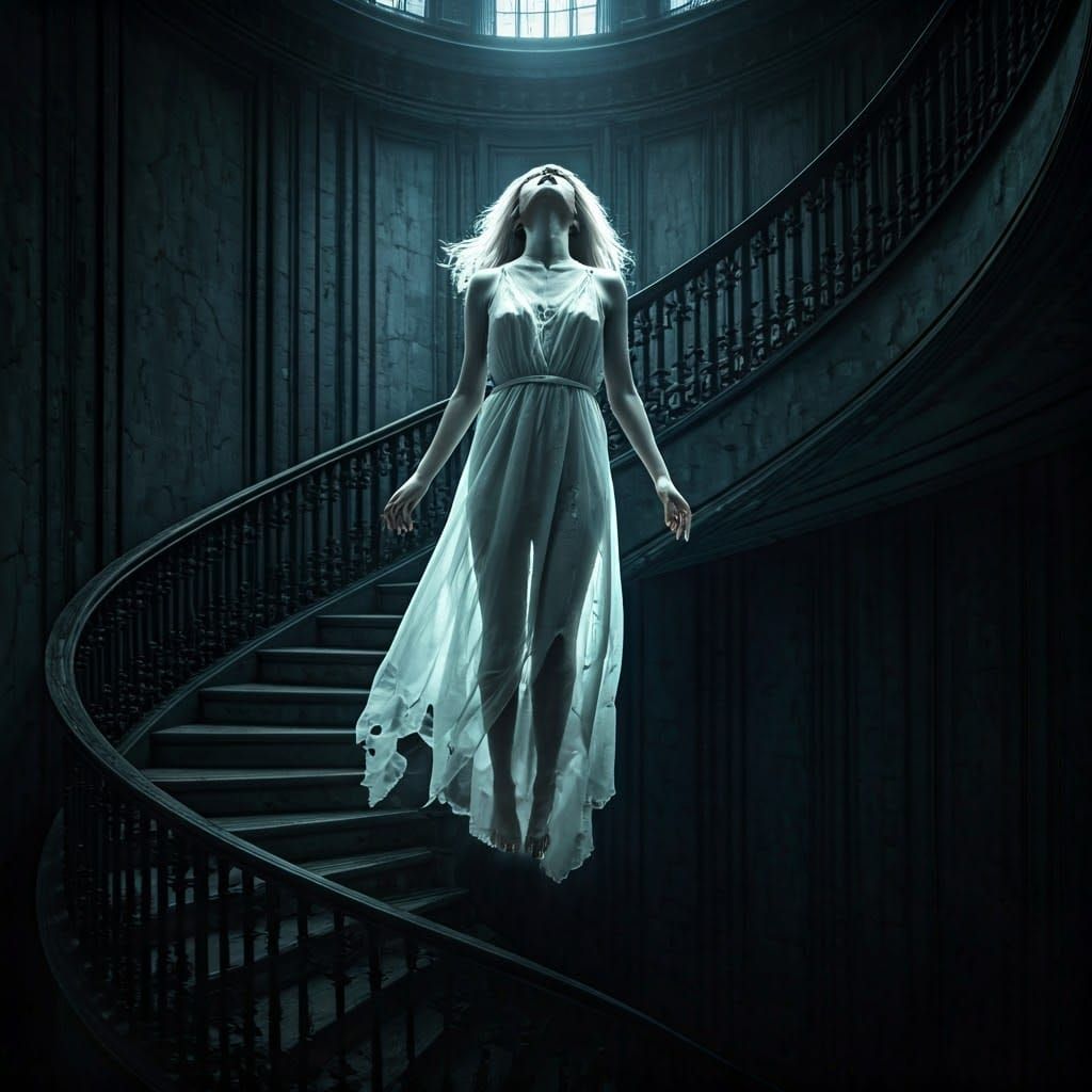 Ethereal Woman on Spiral Staircase in Dark Fantasy Style