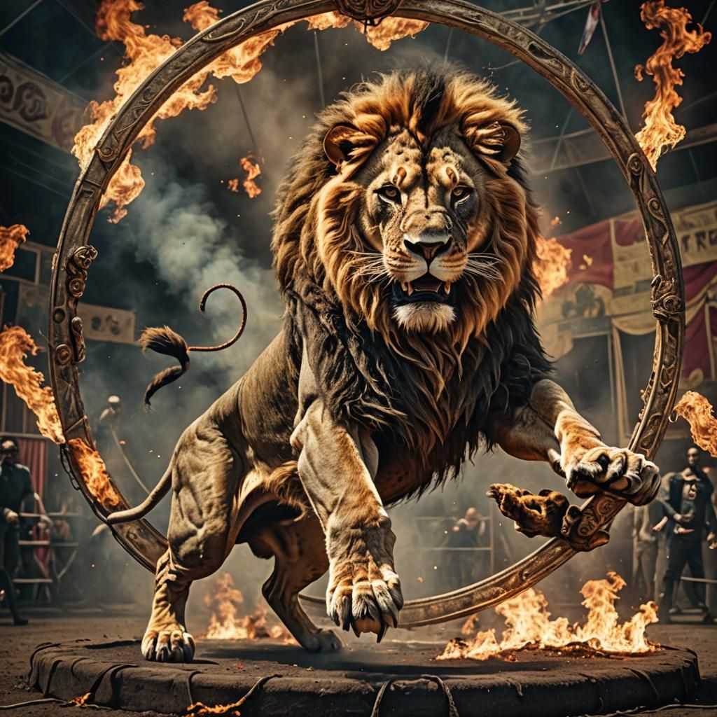 Cyborg Lion Jumps Through Burning Hoop