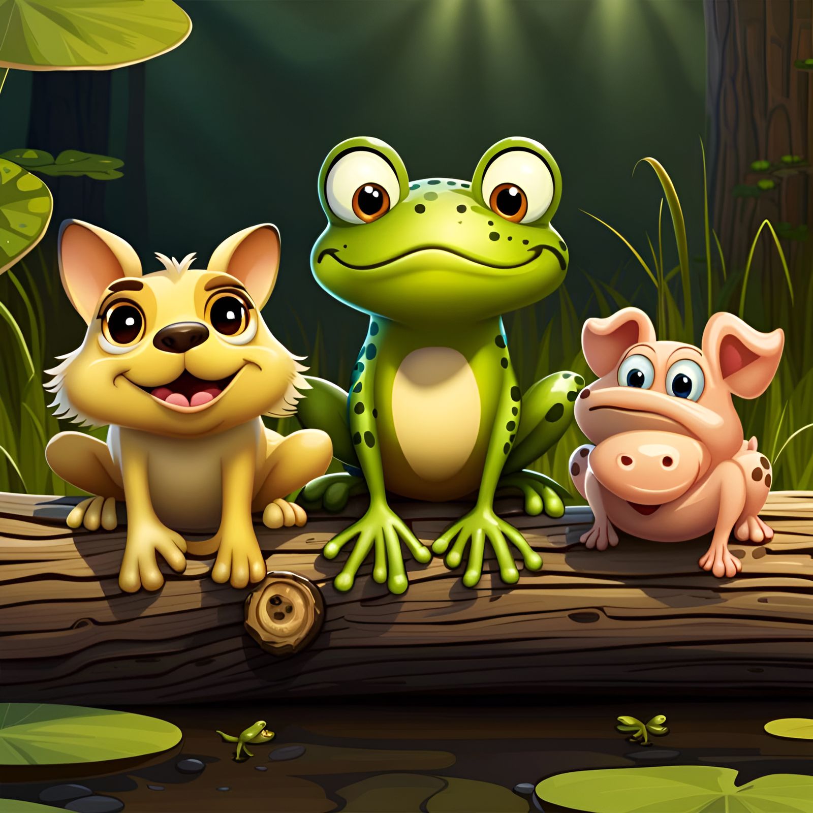 Cartoon Dog, Frog, and Hog on a Log