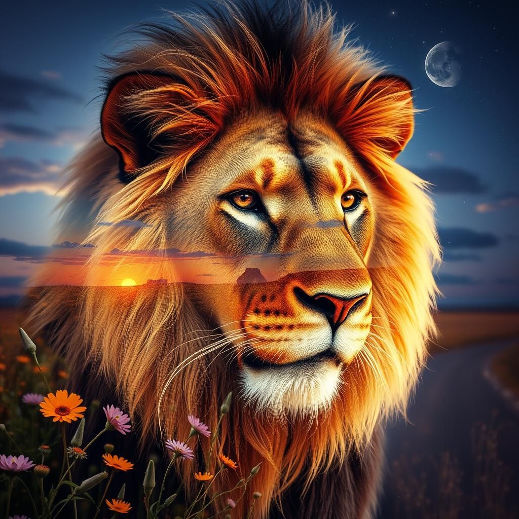 Lion Double Exposure with Savannah and Magic