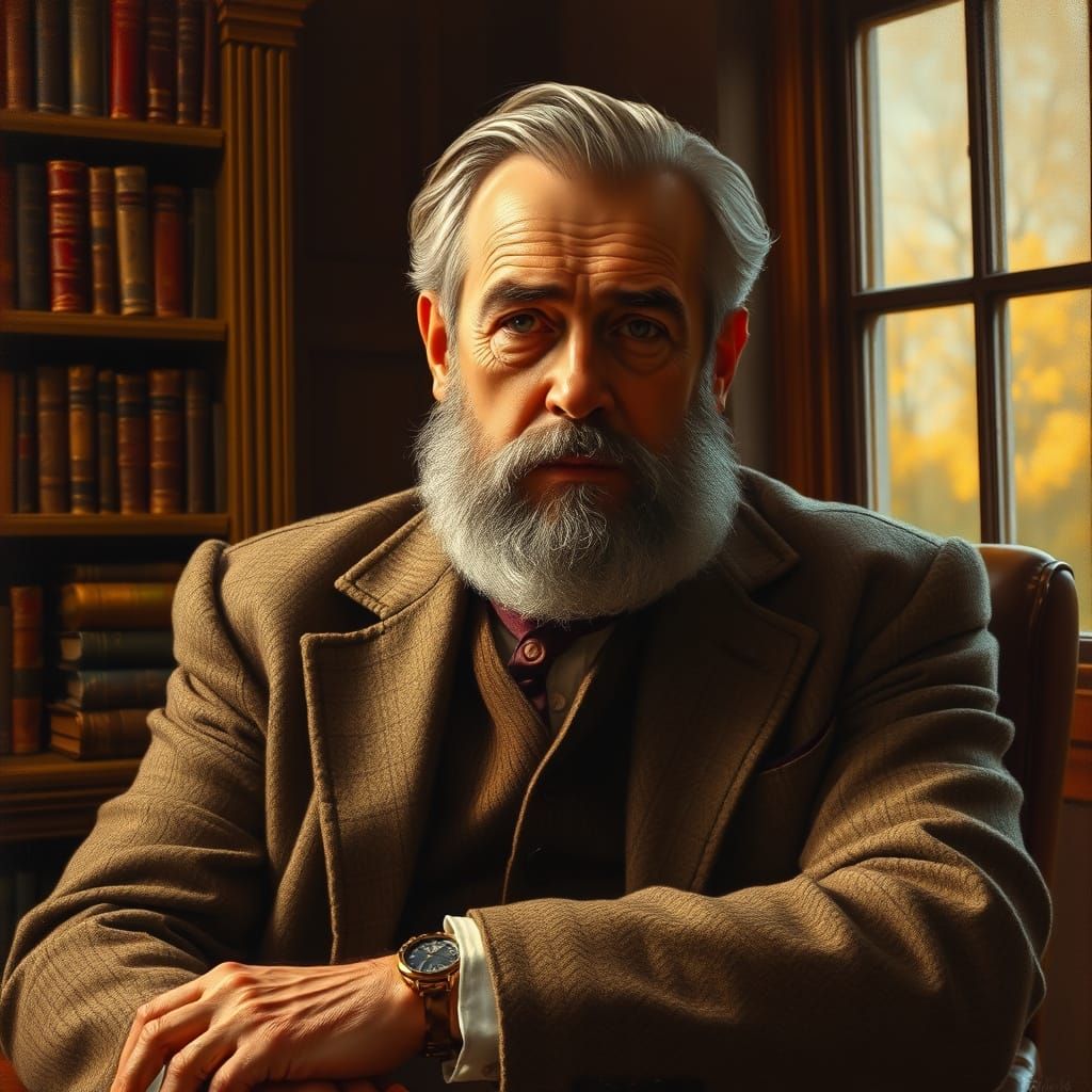 Distinguished Gentleman in Study: Hyperrealistic Oil Portrai...