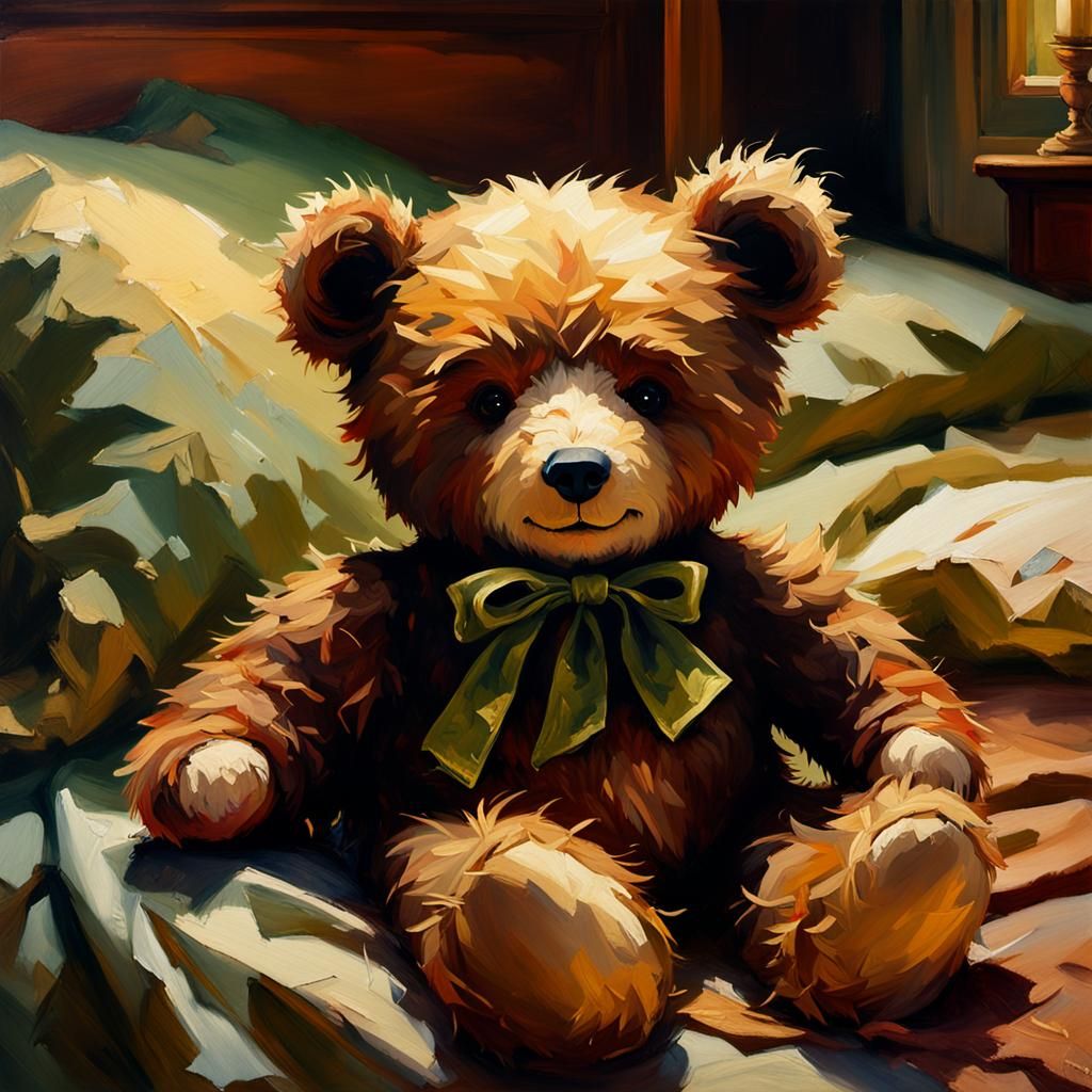 Worn Teddy Bear Oil Painting in Style of Moran