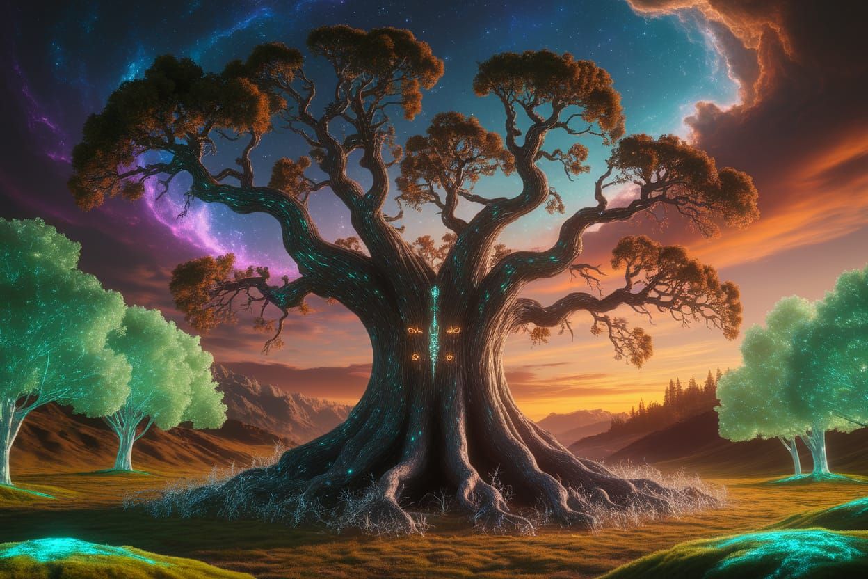 Mystical Oak Tree with Glowing Runes and Nebulae