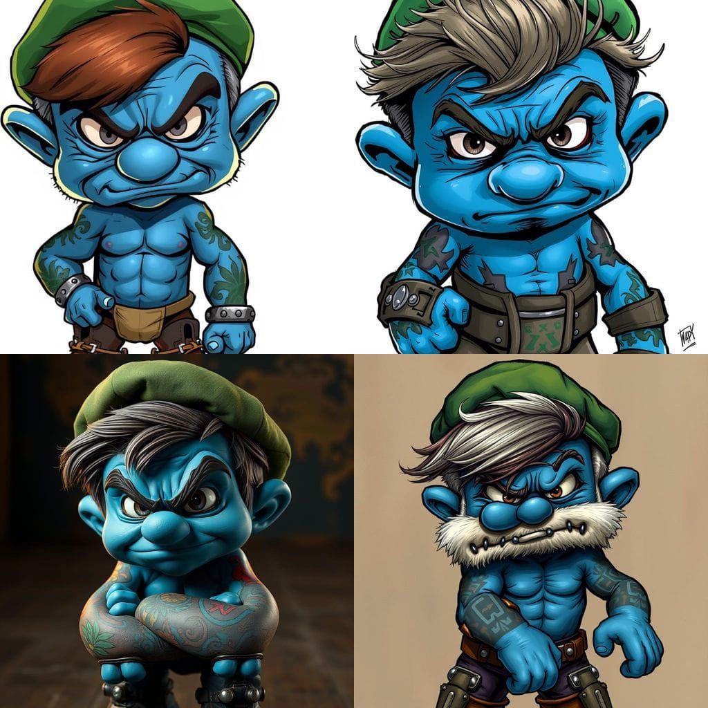 Muscular Tattooed Smurf with Steel-Capped Boots
