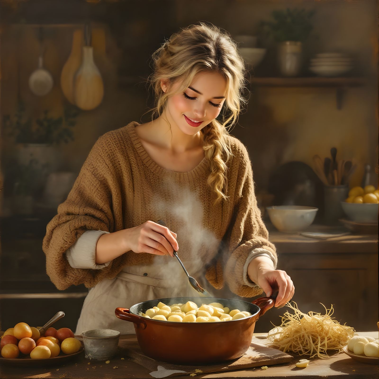 Sandy Haired Woman Cooking Pierogi in a Cozy Kitchen