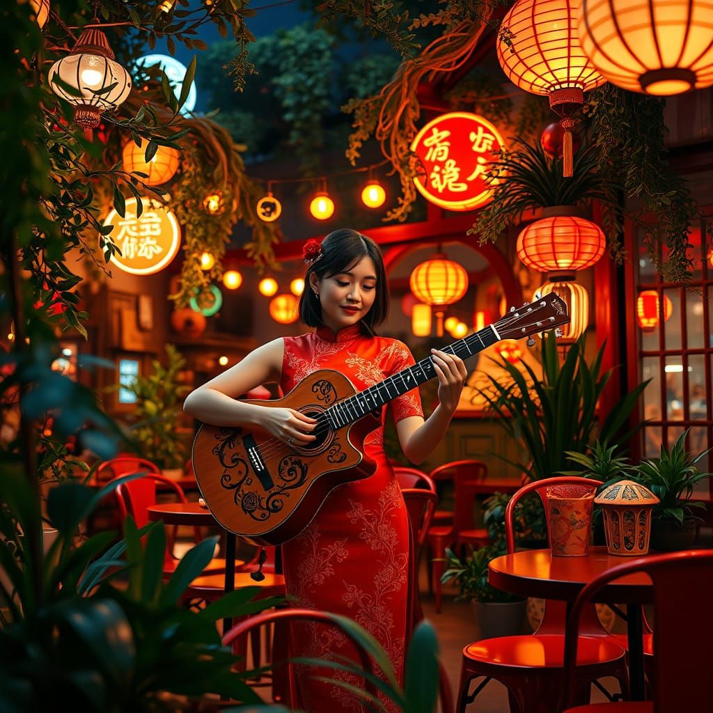 Vibrant Nighttime Cafe Scene with Asian Guitarist in Bold Co...