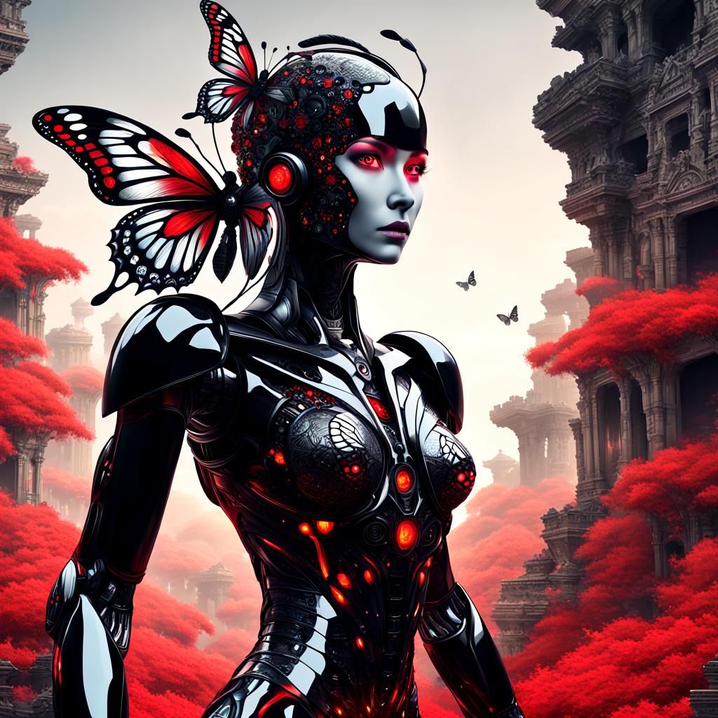 Robot Woman in Ruins with Abstract Fractals