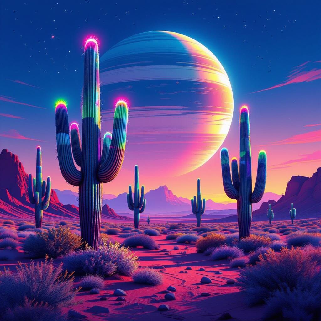 Surreal Desert with Crystalline Cacti Under Ringed Planet