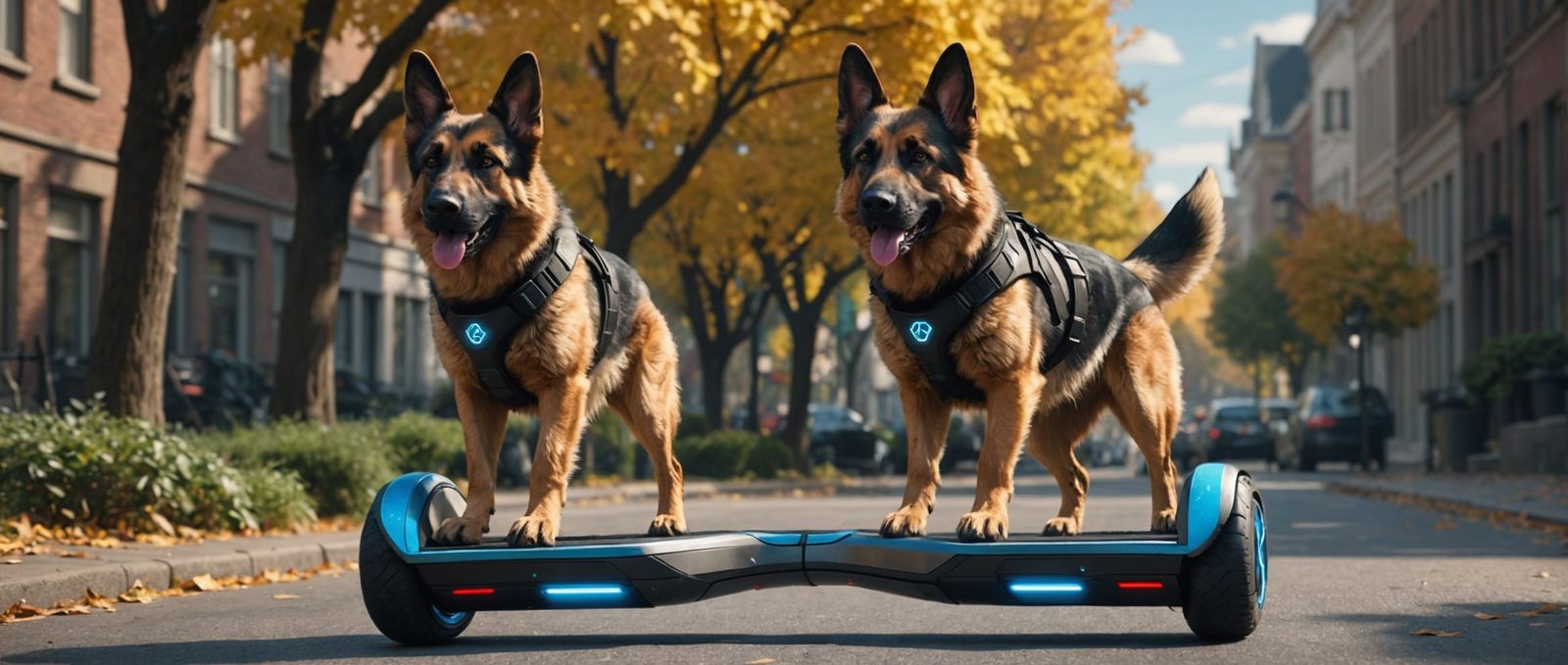 German Shepherd Rides Hoverboard: Detailed Matte Painting