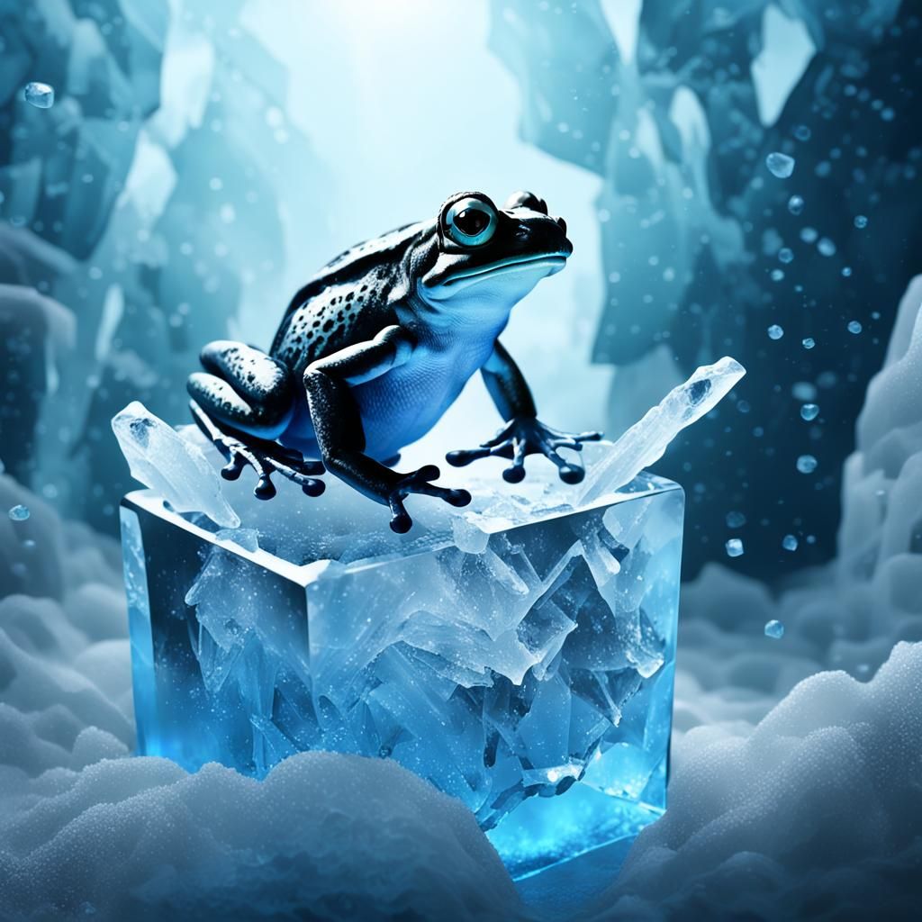 Frog Frozen in Crystal Ice, Mid-Air Leap in Icy Cave