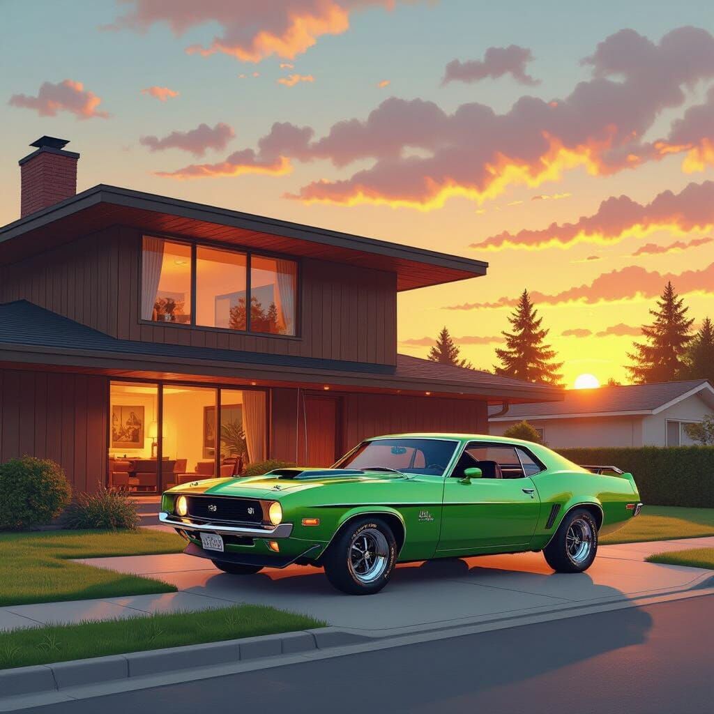 1970s Suburban Sunset with Muscle Car in Retro-Futuristic St...